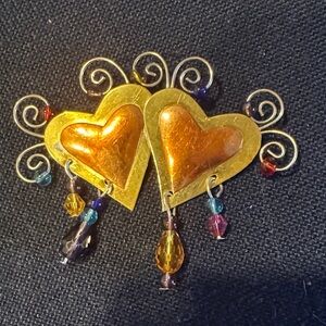 Brass and beaded pin with hearts and dangles - so pretty! Possibly hand made